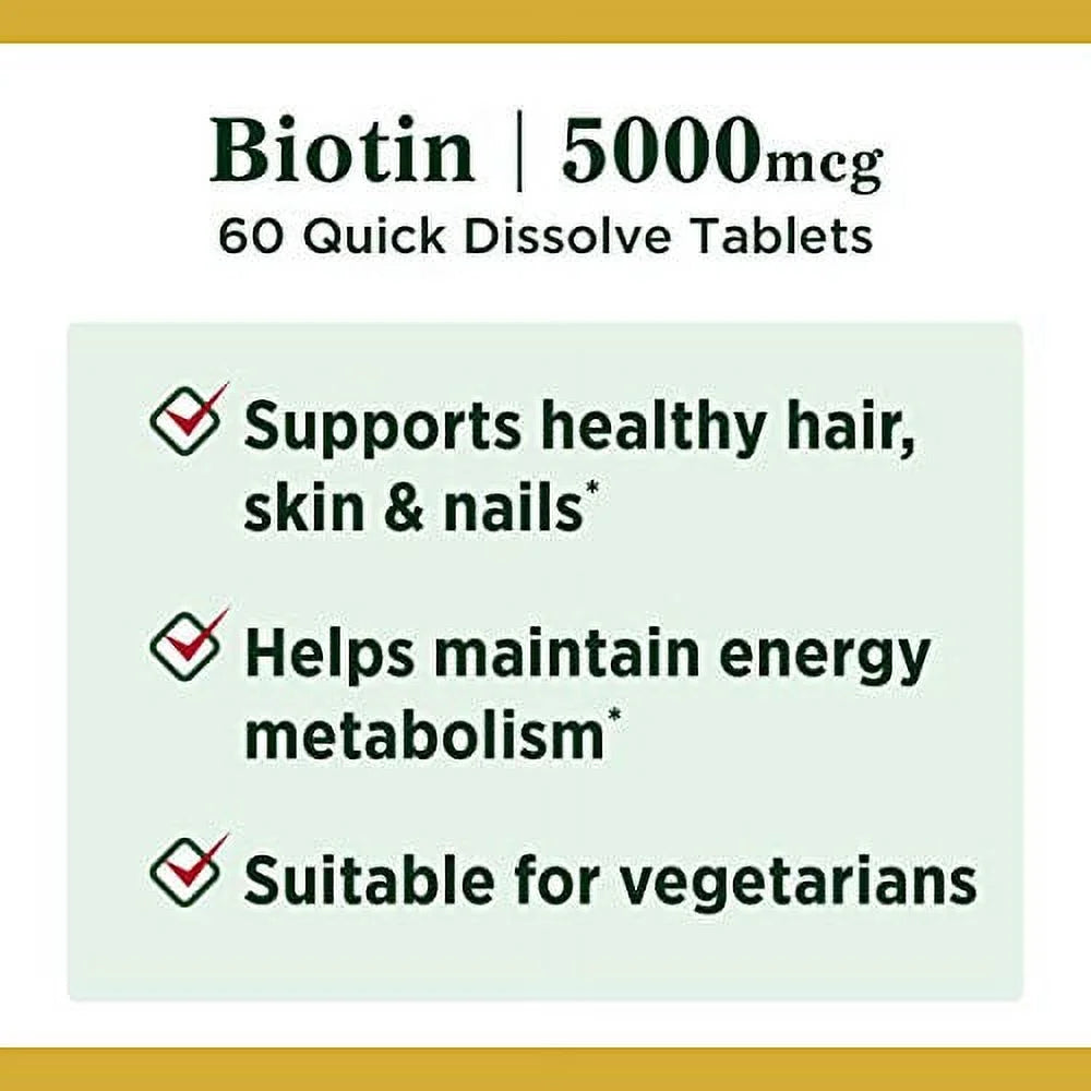 Nature's Bounty - Biotin for Healthy Hair, Skin, and Nails, 5000 Mcg - 60 Tablets