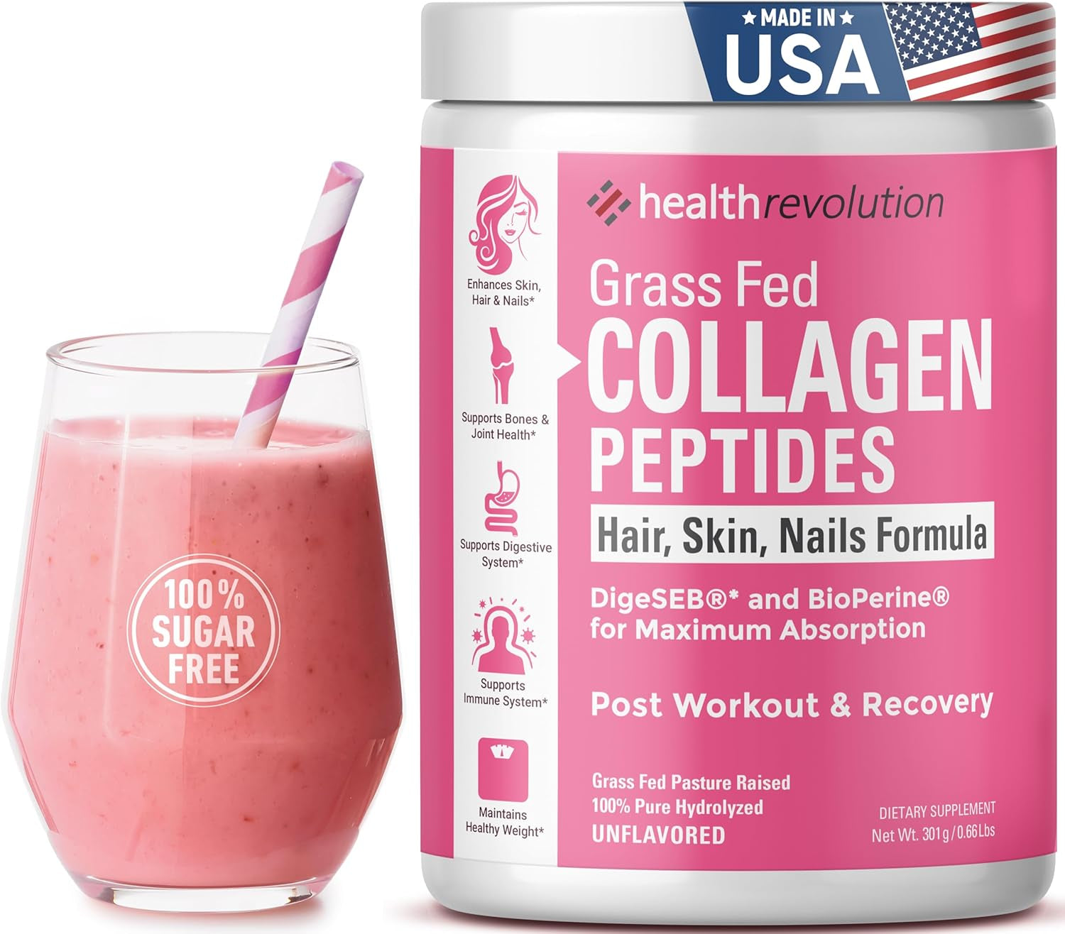 Health Revolution - Grass Fed Collagen Peptides Powder for Skin, Hair, Nails, 300Gr