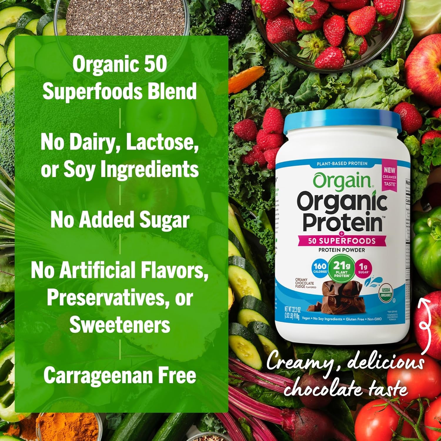 Orgain Organic Vegan Protein Powder + 50 Superfoods, Creamy Chocolate Fudge - 21G Plant Based Protein, Gluten Free, Dairy Free, Lactose Free, Soy Free, No Sugar Added, Kosher, B Vitamins - 2.02Lb
