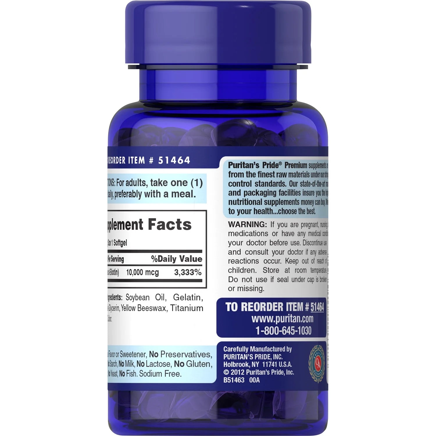 Puritans' Pride - Biotin 10,000 Mcg - 100 Softgels