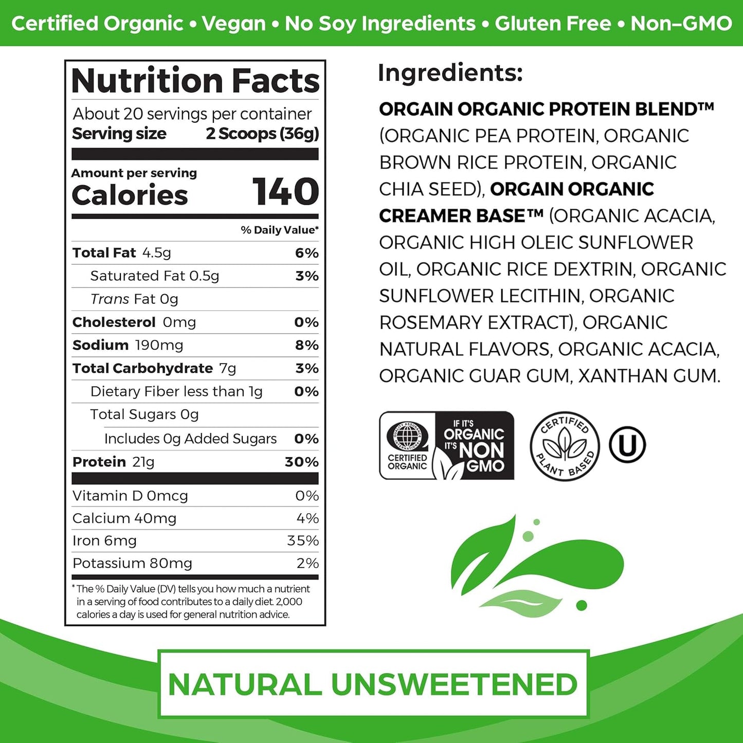 Orgain - Organic Unflavored Vegan Protein Powder, Natural Unsweetened - Non Dairy, Gluten Free, No Sugar Added, Soy Free, Non-Gmo, 1.59 Lb (Packaging May Vary)