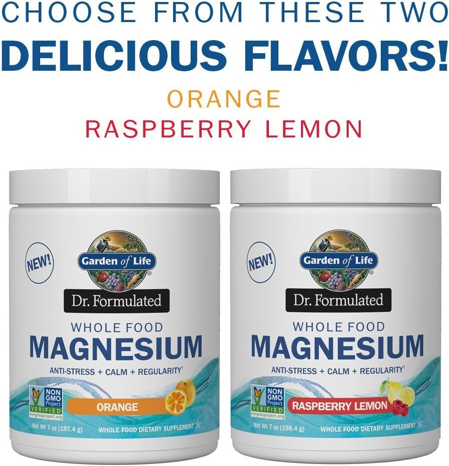 Garden of Life Dr. Formulated Whole Food Magnesium 197.4G Powder - Orange, Chelated, Non-Gmo, Vegan, Kosher, Gluten & Sugar Free Supplement with Probiotics - Best for Anti-Stress, Calm & Regularity