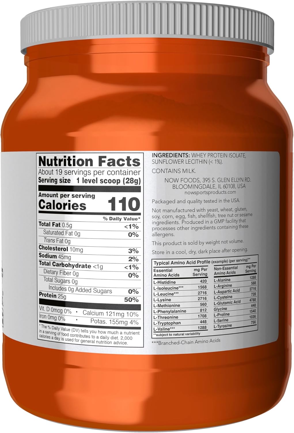 NOW Foods - Whey Protein Isolate, 25 G with Bcaas, Unflavored Powder, 1.2-Pound