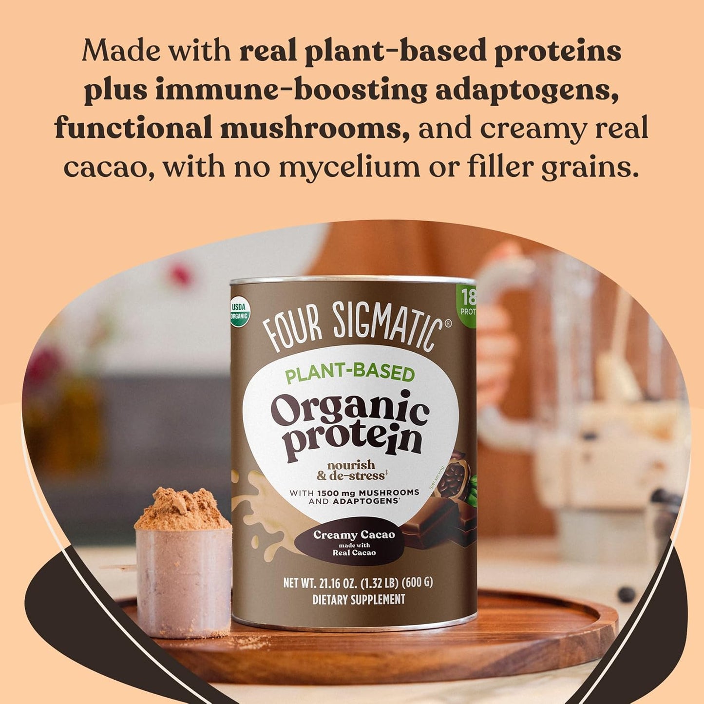 Four Sigmatic - Organic Plant-Based Protein Powder Creamy Cacao Protein with Lion’S Mane, 21.16 Oz