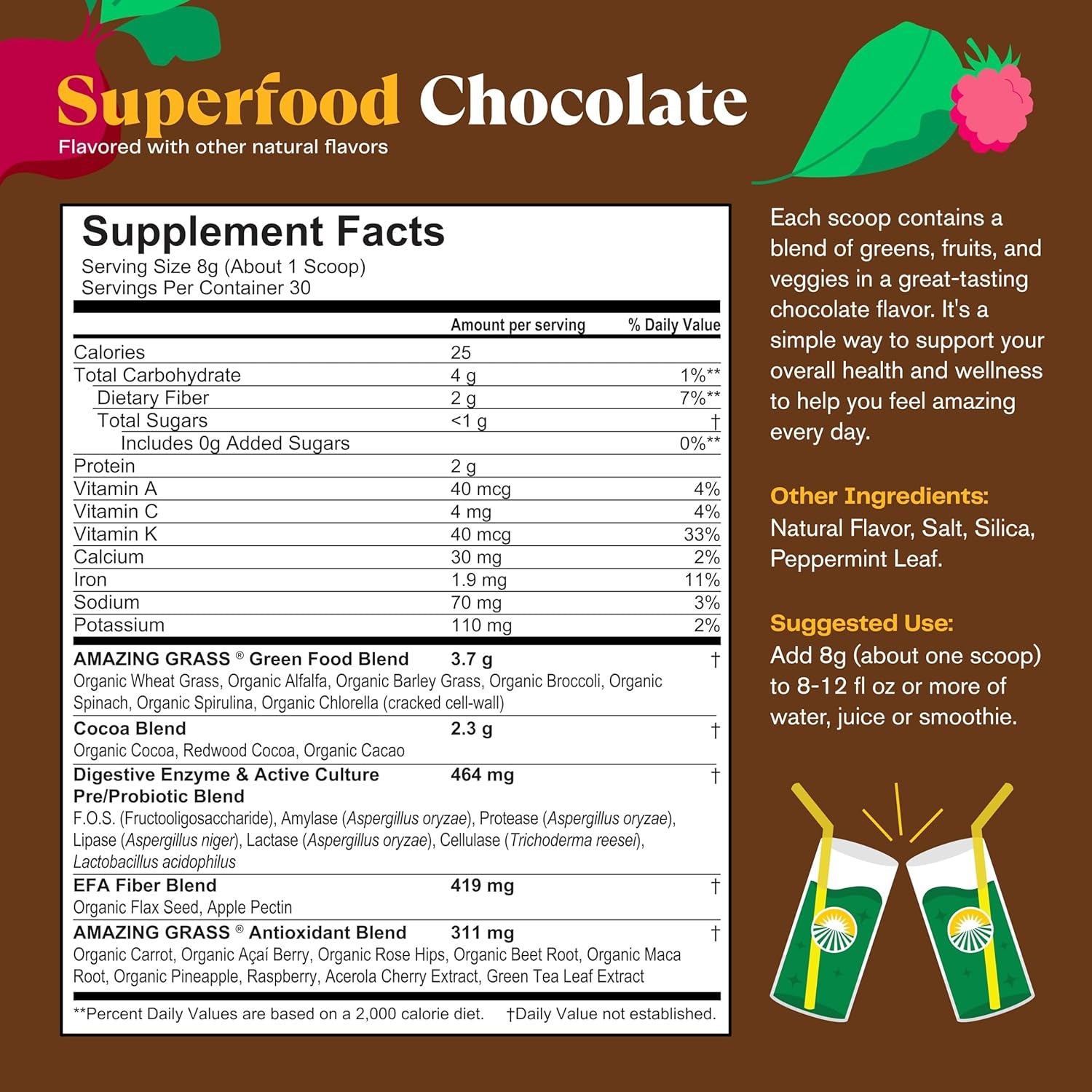 Amazing Grass - Greens Superfood Powder: Greens Powder with Digestive Enzymes & Probiotics, Organic Spirulina, Chlorella, and Beet Root Powder, Chocolate,