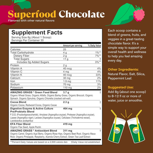 Amazing Grass - Greens Superfood Powder: Greens Powder with Digestive Enzymes & Probiotics, Organic Spirulina, Chlorella, and Beet Root Powder, Chocolate,