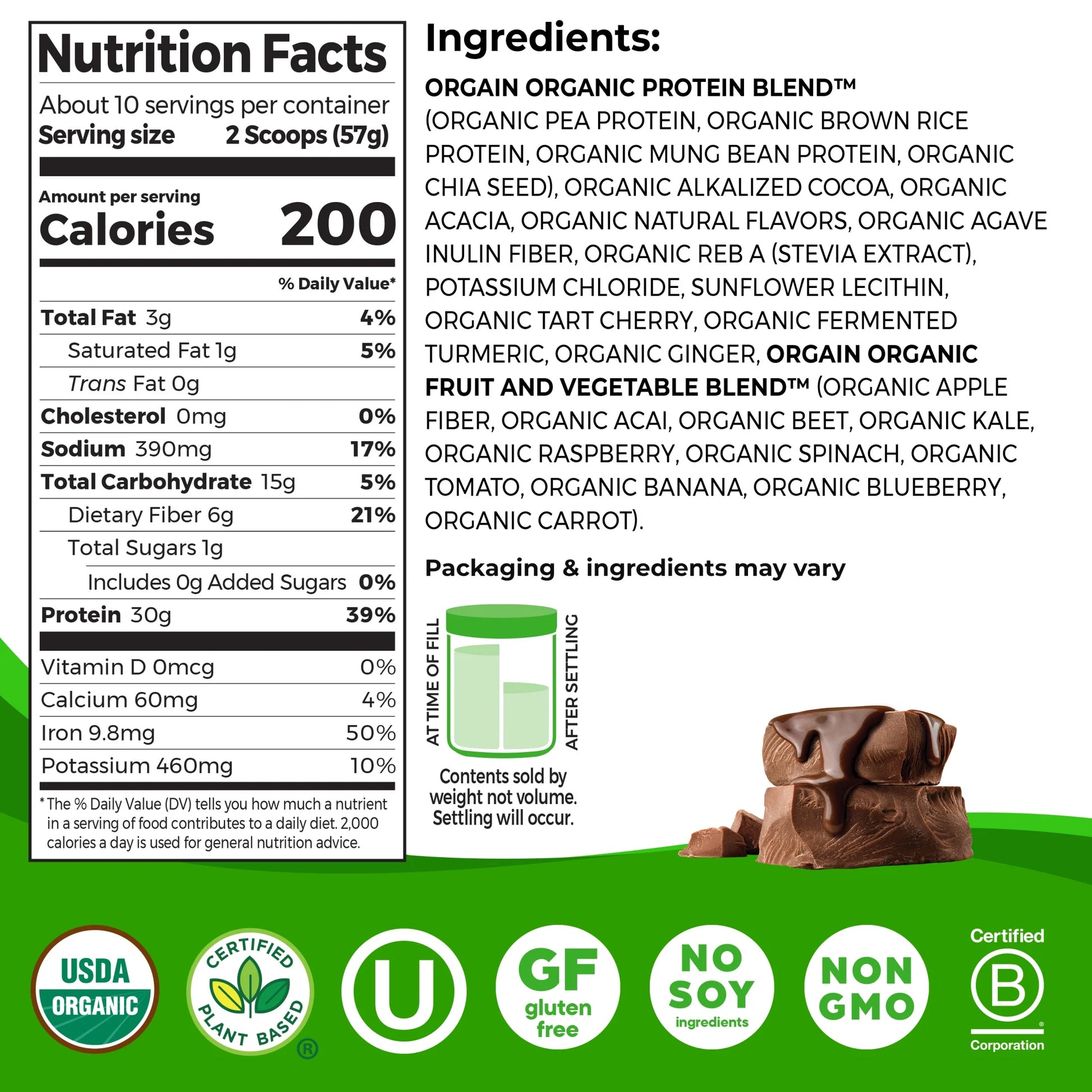 Organic Vegan 30G High Protein Powder, Plant Based Shake Drink, Prebiotic Fiber, Chocolate, 1.26Lb