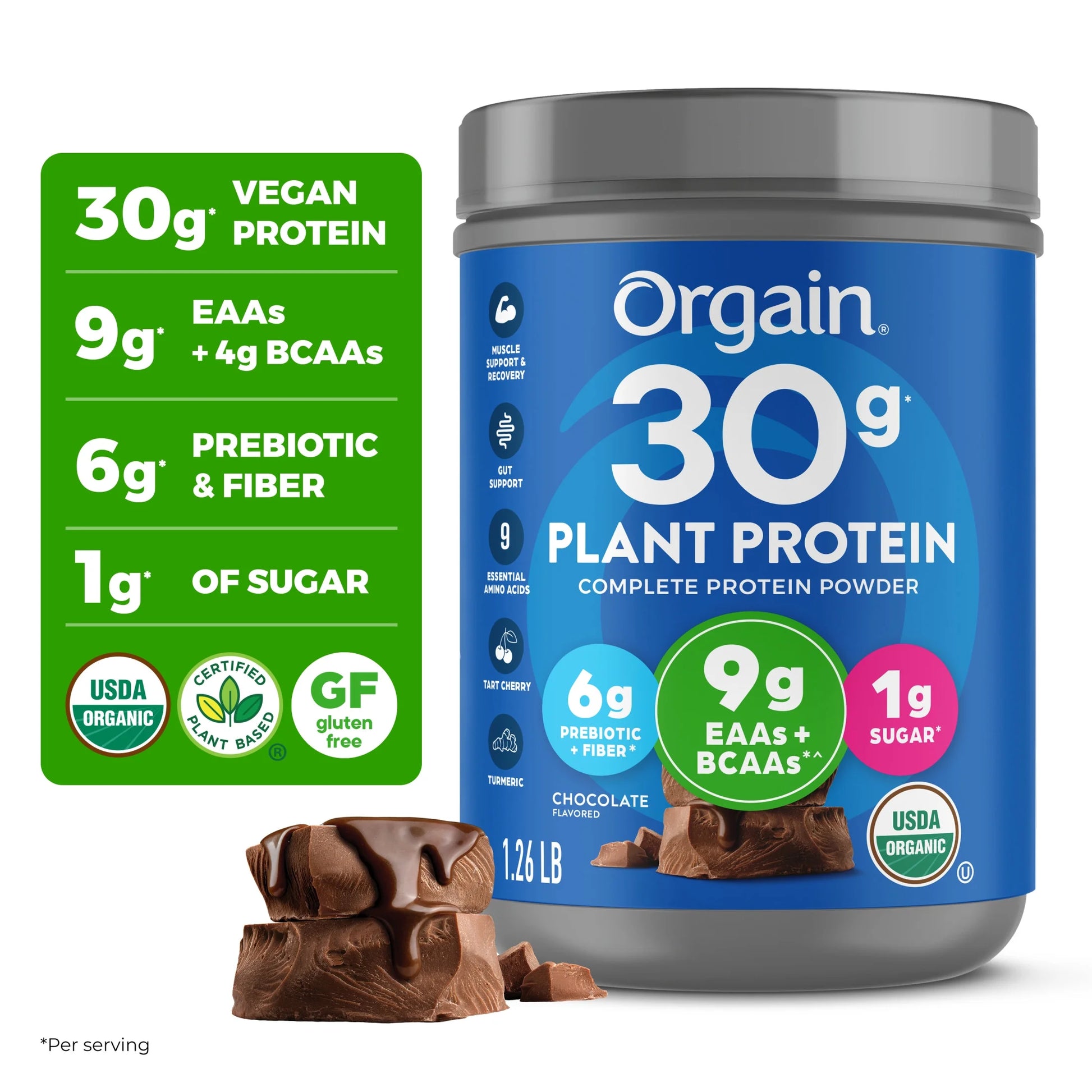 Organic Vegan 30G High Protein Powder, Plant Based Shake Drink, Prebiotic Fiber, Chocolate, 1.26Lb