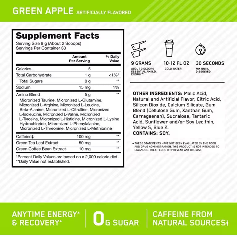 Optimum Nutrition Amino Energy Pre Workout Powder - Green Apple