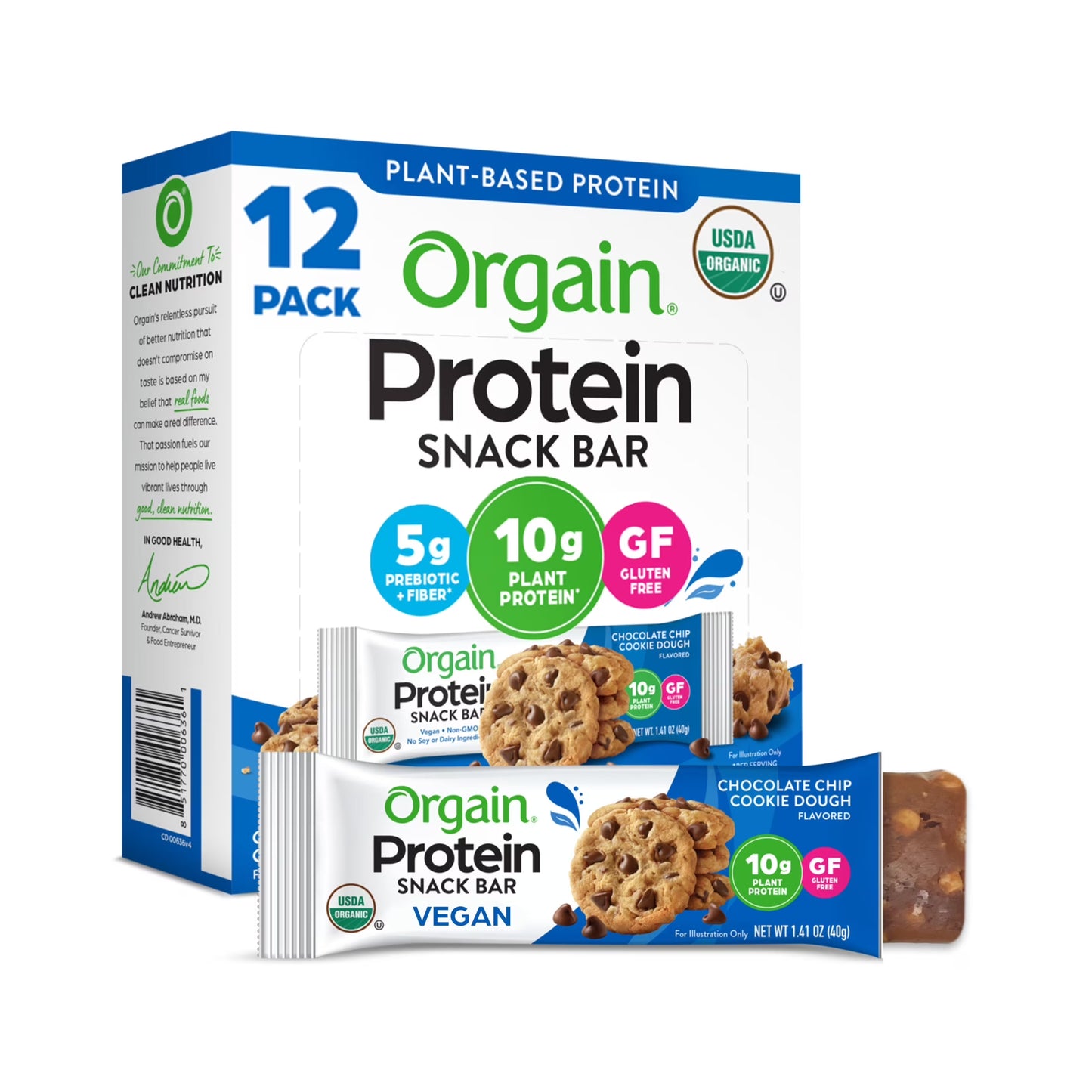 Orgain - Organic Plant Based Protein Snack Bars, Chocolate Chip Cookie Dough, 16.9Oz, 12Ct