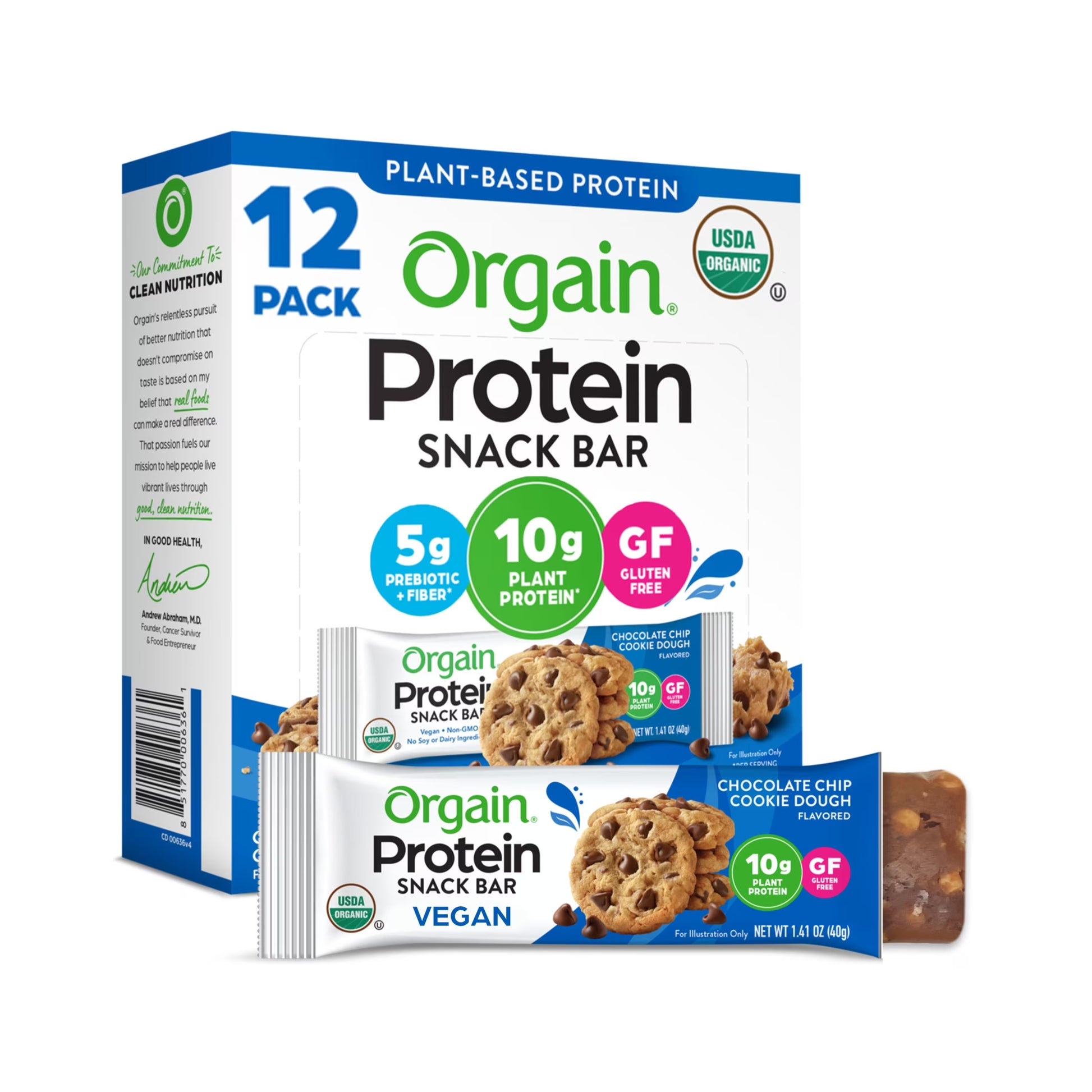 Orgain - Organic Plant Based Protein Snack Bars, Chocolate Chip Cookie Dough, 16.9Oz, 12Ct
