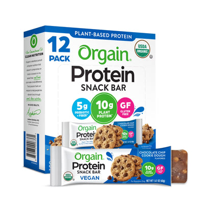 Orgain - Organic Plant Based Protein Snack Bars, Chocolate Chip Cookie Dough, 16.9Oz, 12Ct