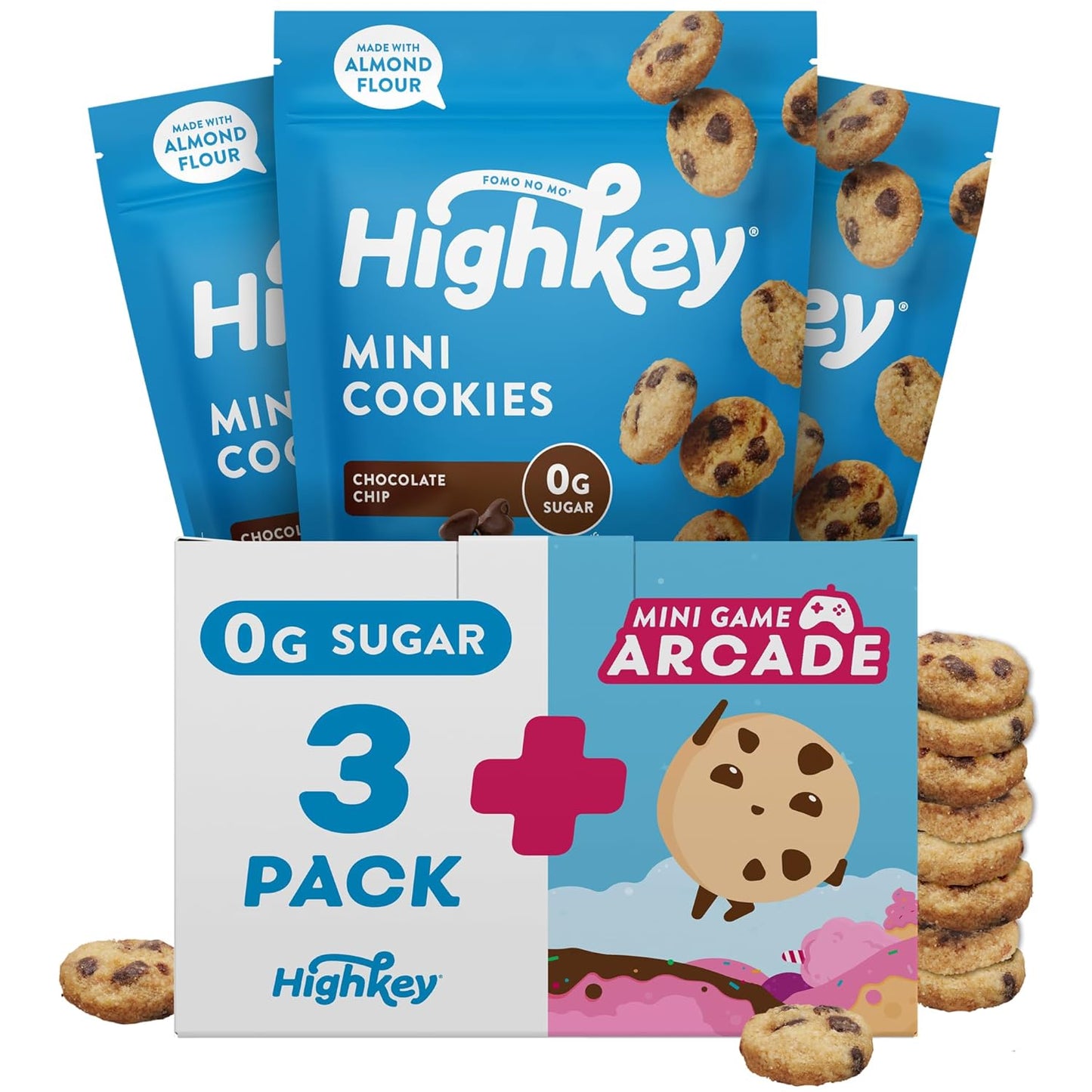 Highkey Keto Chocolate Chip Mini Cookies - Gluten Free, Sugar Free, Keto Snack, Low Carb Snacks Healthy Protein, Low Sugar - 3 Pack 