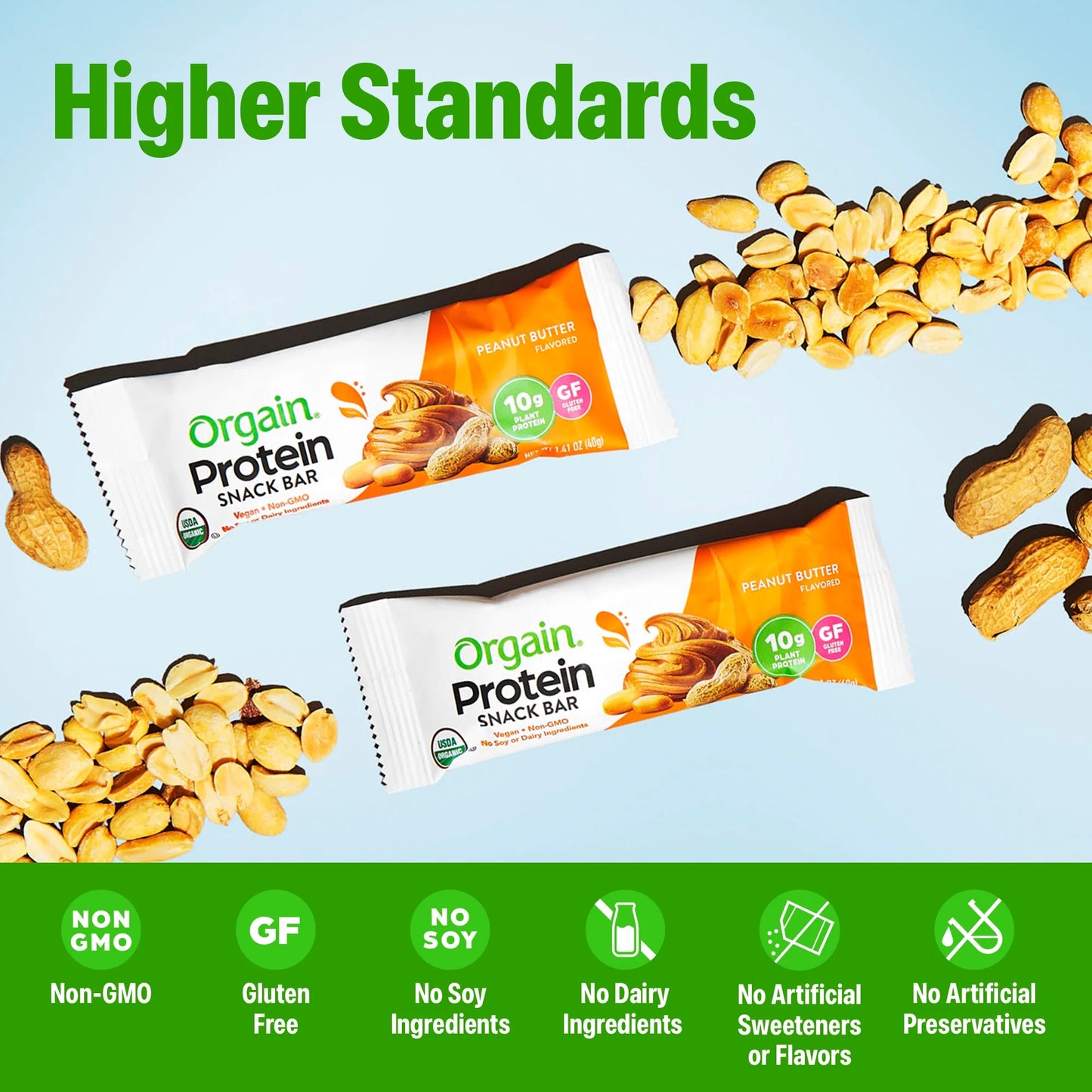 Orgain - Organic Plant Based Protein Snack Bars, Peanut Butter, 16.9Oz, 12Ct