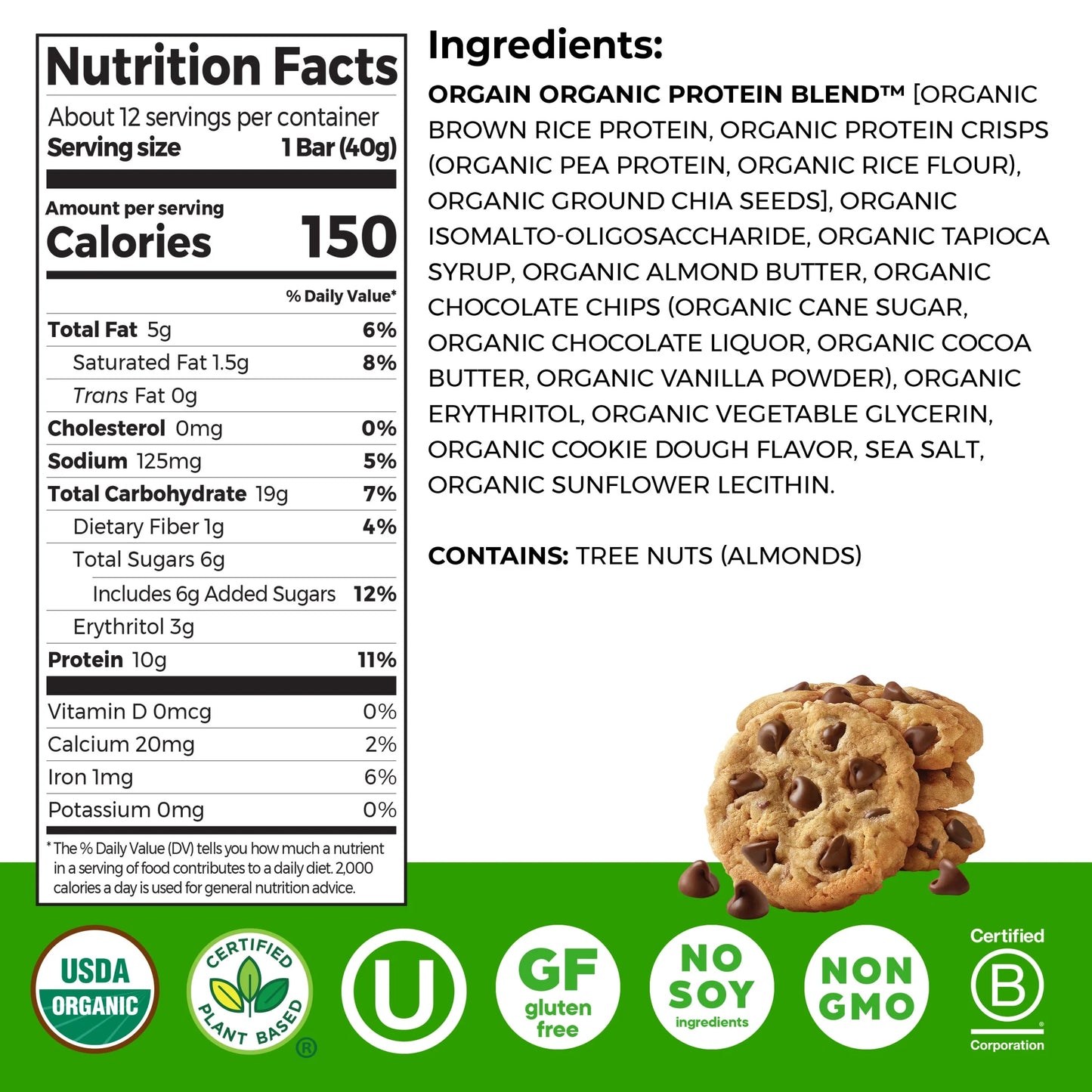 Orgain - Organic Plant Based Protein Snack Bars, Chocolate Chip Cookie Dough, 16.9Oz, 12Ct