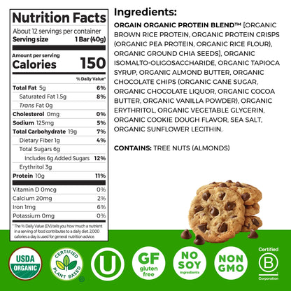 Orgain - Organic Plant Based Protein Snack Bars, Chocolate Chip Cookie Dough, 16.9Oz, 12Ct