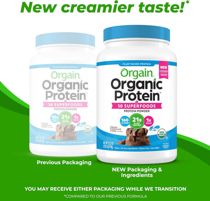 Orgain Organic Vegan Protein Powder + 50 Superfoods, Creamy Chocolate Fudge - 21G Plant Based Protein, Gluten Free, Dairy Free, Lactose Free, Soy Free, No Sugar Added, Kosher, B Vitamins - 2.02Lb