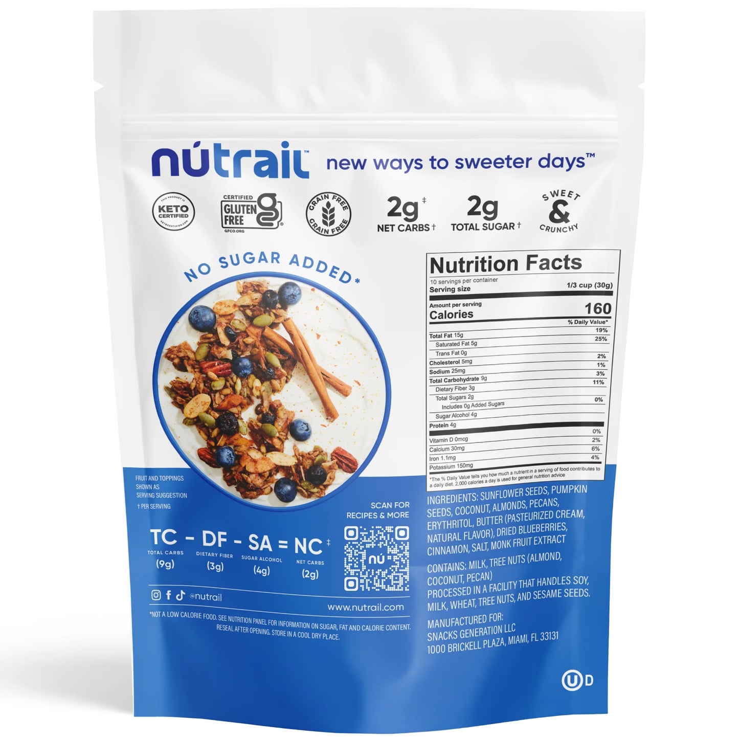 Nut Granola Cereal, Blueberry Cinnamon, No Sugar Added, Keto, Gluten Free, 11 Oz. 1 Count