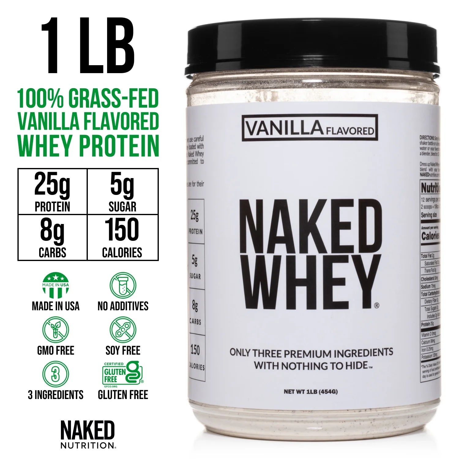 NAKED - Vanilla Whey Protein 1Lb, Only 3 Ingredients, All Natural Grass Fed Whey Protein Powder + Vanilla + Coconut Sugar- Gmo-Free, Soy Free, Gluten Free. Aid Muscle Growth, 12 Servings