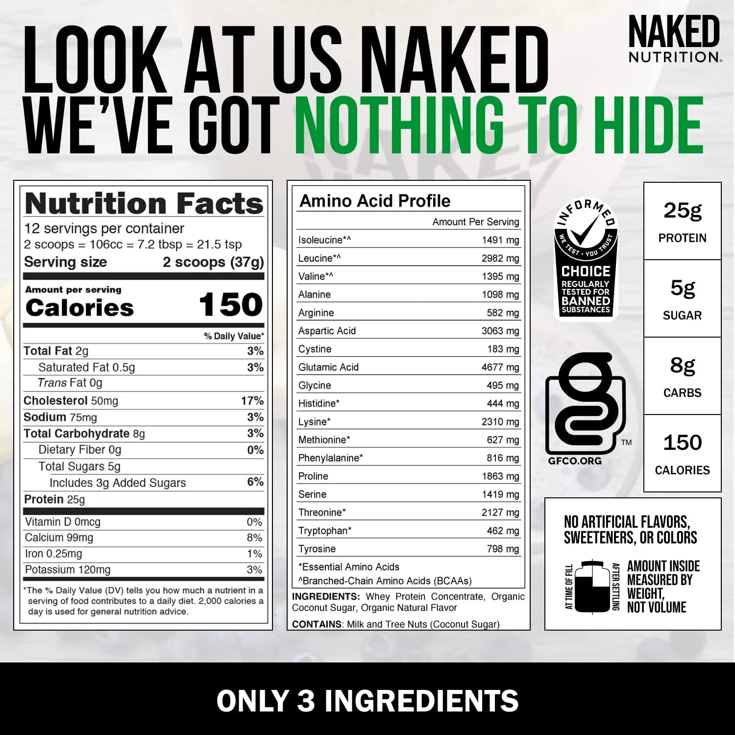 NAKED - Vanilla Whey Protein 1Lb, Only 3 Ingredients, All Natural Grass Fed Whey Protein Powder + Vanilla + Coconut Sugar- Gmo-Free, Soy Free, Gluten Free. Aid Muscle Growth, 12 Servings