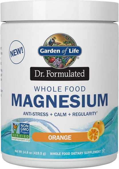 Garden of Life Dr. Formulated Whole Food Magnesium 197.4G Powder - Orange, Chelated, Non-Gmo, Vegan, Kosher, Gluten & Sugar Free Supplement with Probiotics - Best for Anti-Stress, Calm & Regularity