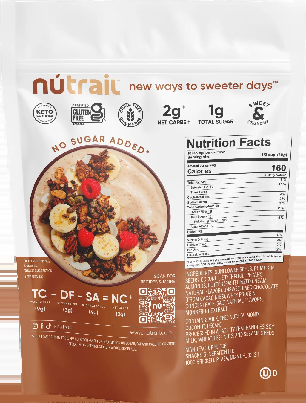 Nutrait Granola Cereal, Dark Chocolate, No Sugar Added, Keto, Gluten Free, 11 Oz. 1 Count