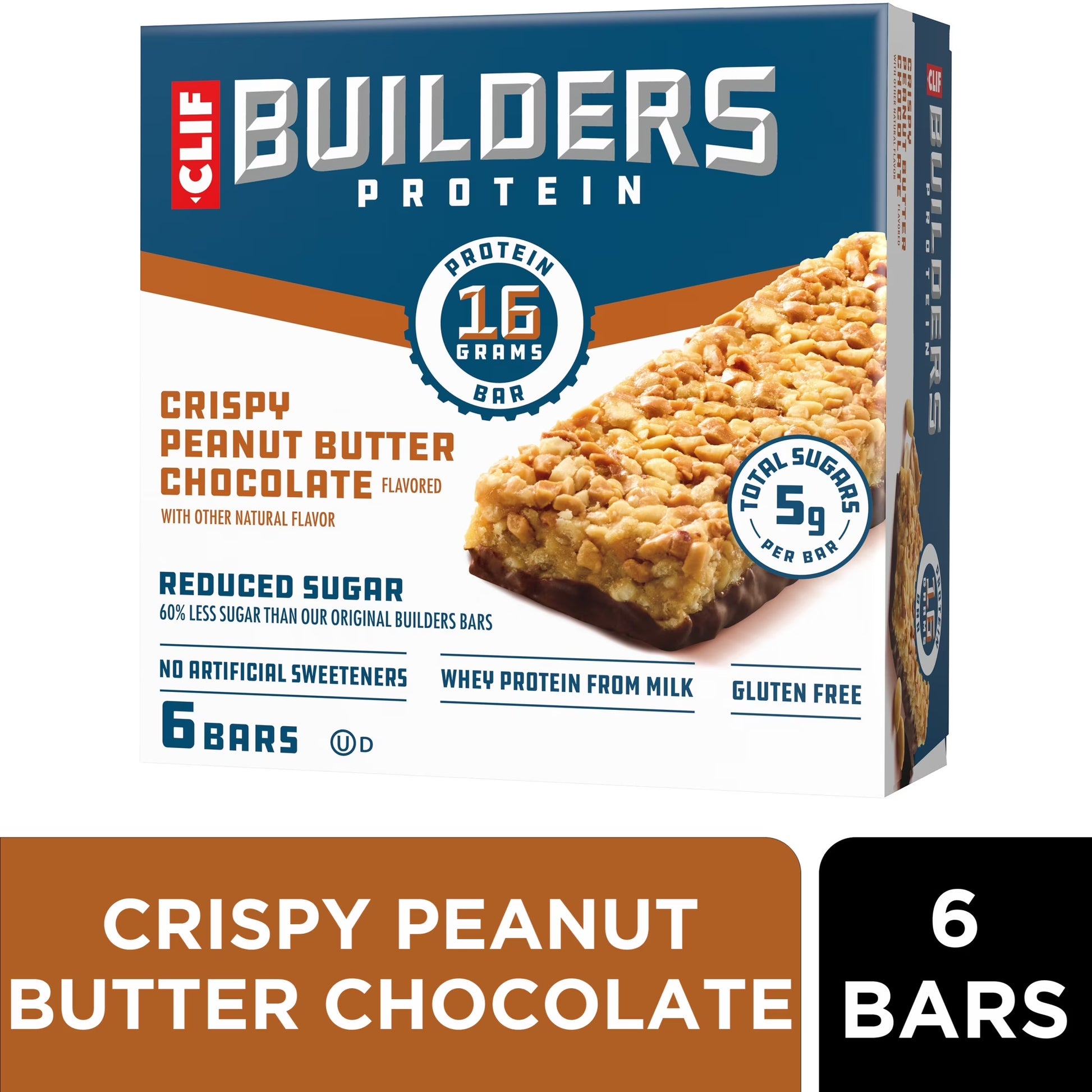 CLIF - Protein Bars Crispy Peanut Butter Chocolate Flavored, Reduced Sugar, Gluten Free, 6Ct