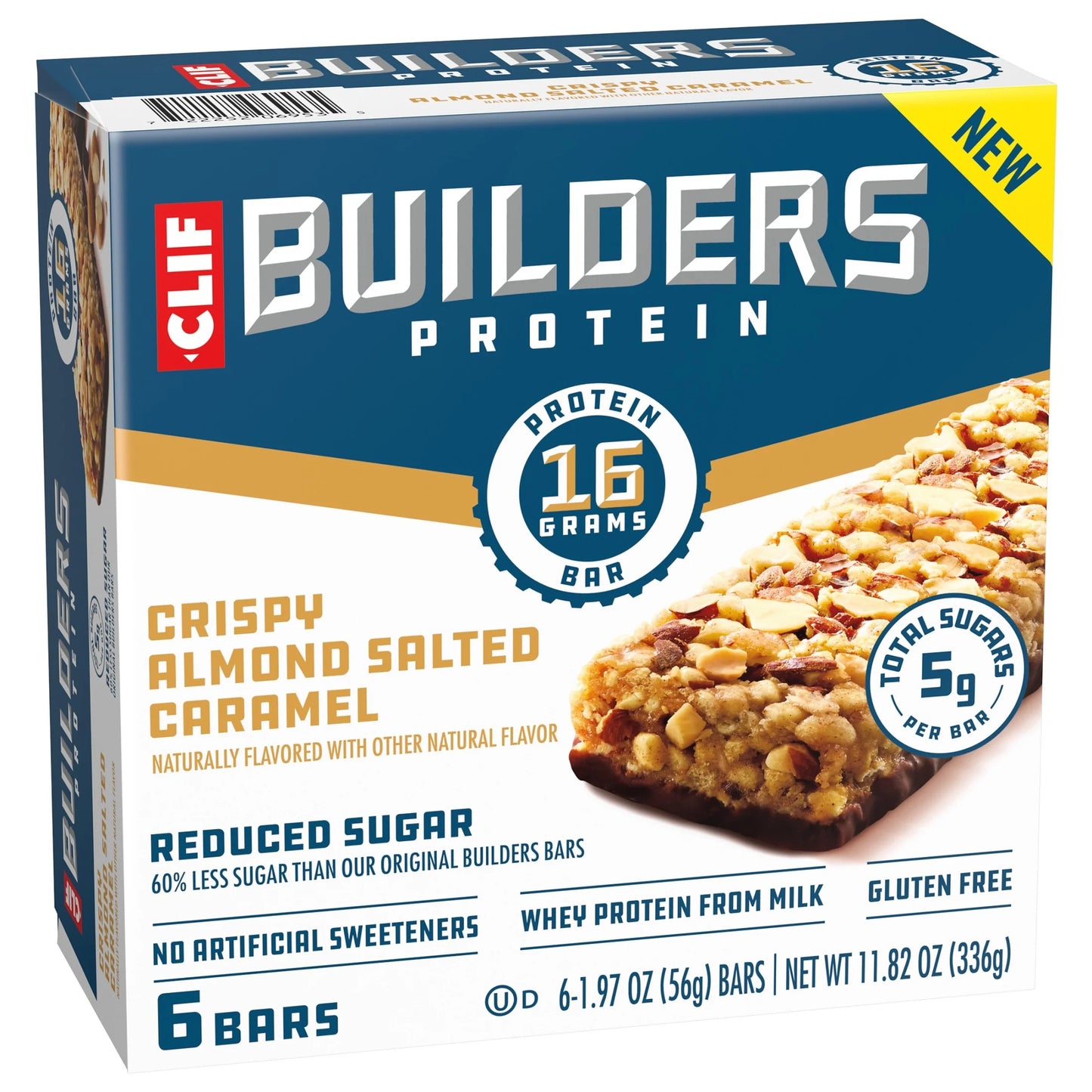 CLIF  Protein Bars Crispy Almond Salted Caramel, Reduced Sugar, Gluten Free, 6Ct