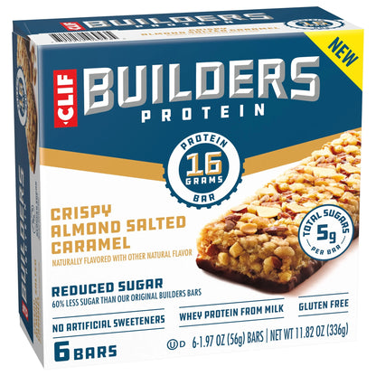 CLIF  Protein Bars Crispy Almond Salted Caramel, Reduced Sugar, Gluten Free, 6Ct
