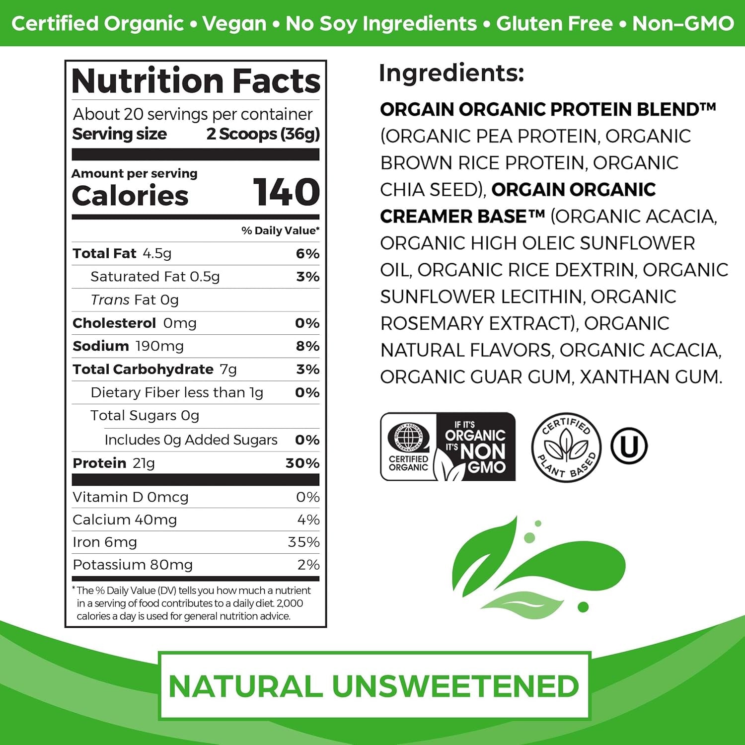 Orgain - Organic Unflavored Vegan Protein Powder, Natural Unsweetened - Non Dairy, Gluten Free, No Sugar Added, Soy Free, Non-Gmo, 1.59 Lb (Packaging May Vary)