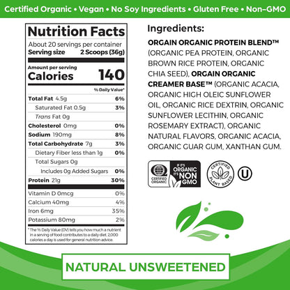 Orgain - Organic Unflavored Vegan Protein Powder, Natural Unsweetened - Non Dairy, Gluten Free, No Sugar Added, Soy Free, Non-Gmo, 1.59 Lb (Packaging May Vary)