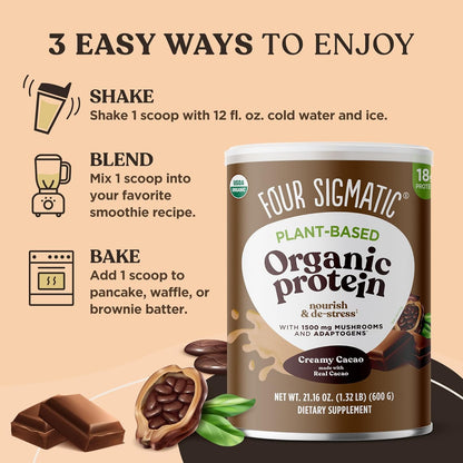 Four Sigmatic - Organic Plant-Based Protein Powder Creamy Cacao Protein with Lion’S Mane, 21.16 Oz