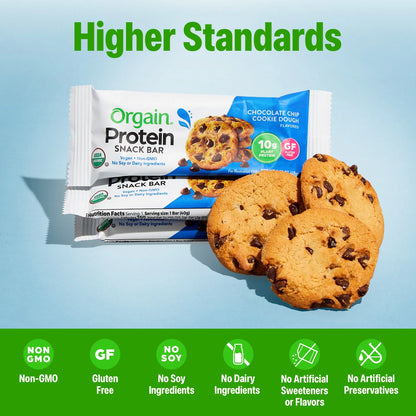 Orgain - Organic Plant Based Protein Snack Bars, Chocolate Chip Cookie Dough, 16.9Oz, 12Ct