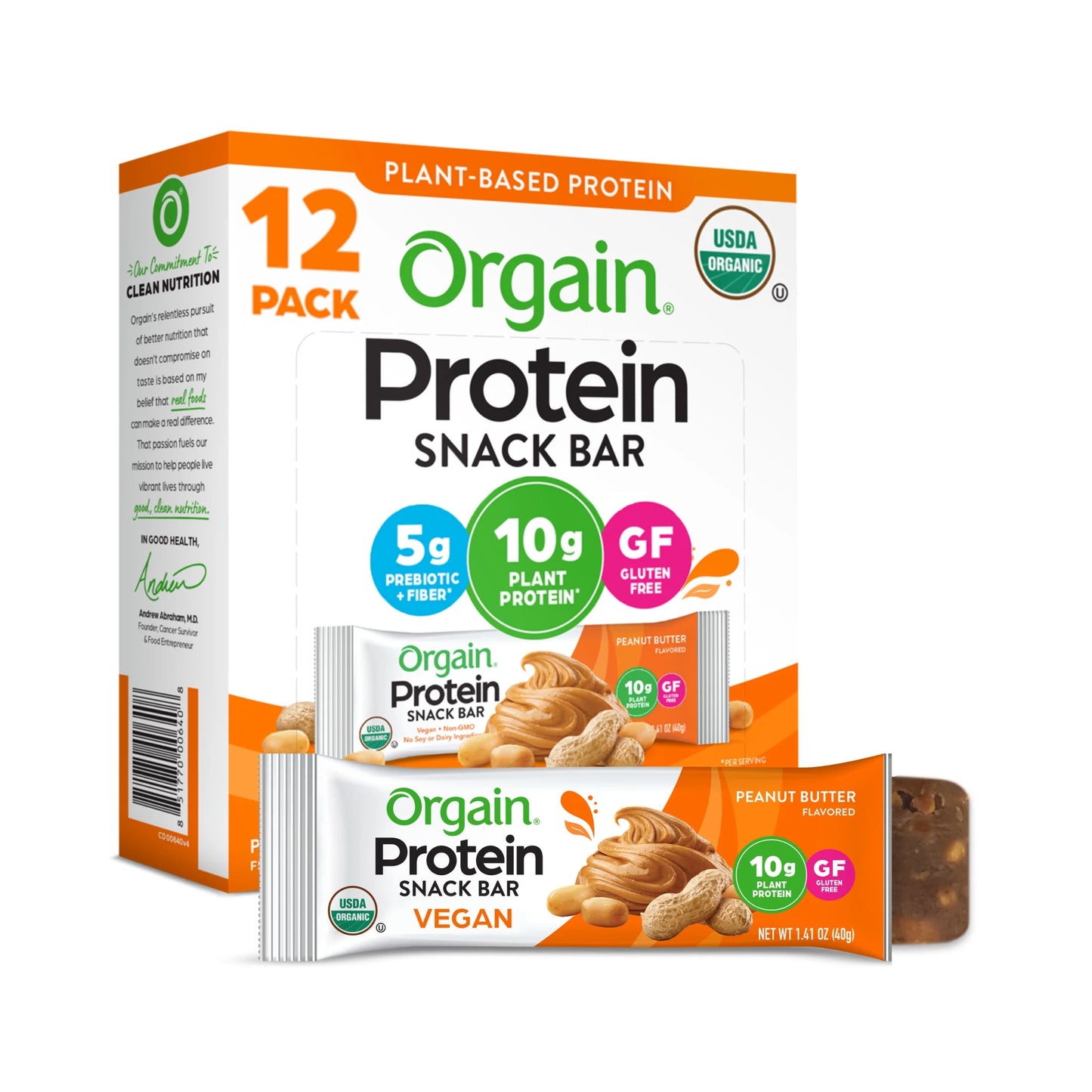 Orgain - Organic Plant Based Protein Snack Bars, Peanut Butter, 16.9Oz, 12Ct