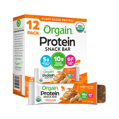 Orgain - Organic Plant Based Protein Snack Bars, Peanut Butter, 16.9Oz, 12Ct
