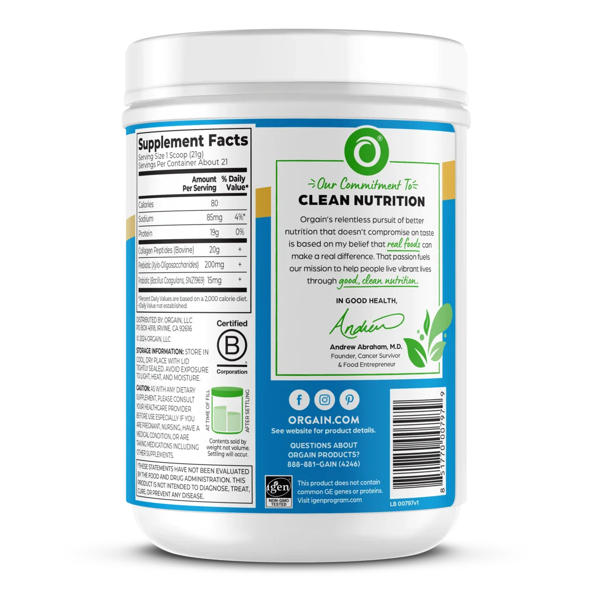 Orgain - Collagen Peptides + Probiotics, Unflavored, 1.6 Lbs