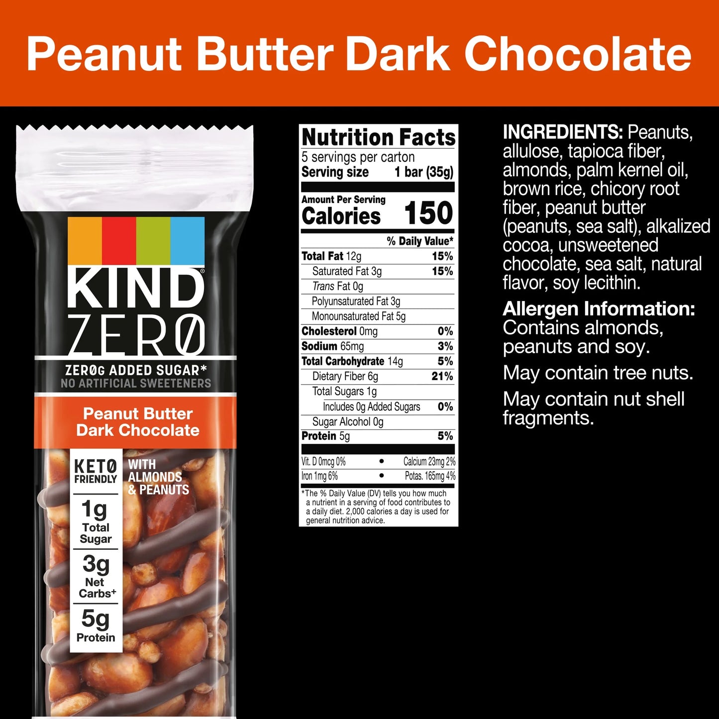 (2 Pack)  KIND Zero Added Sugar Bars, Keto Friendly Snacks - 5 Bars