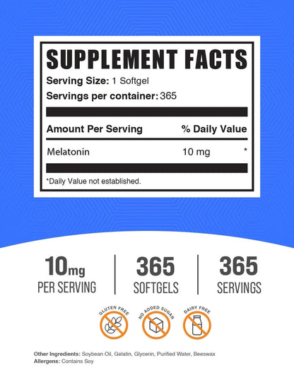 Bulksupplements - Melatonin Supplement, for Sleep Support, 10Mg - 365 Softgels