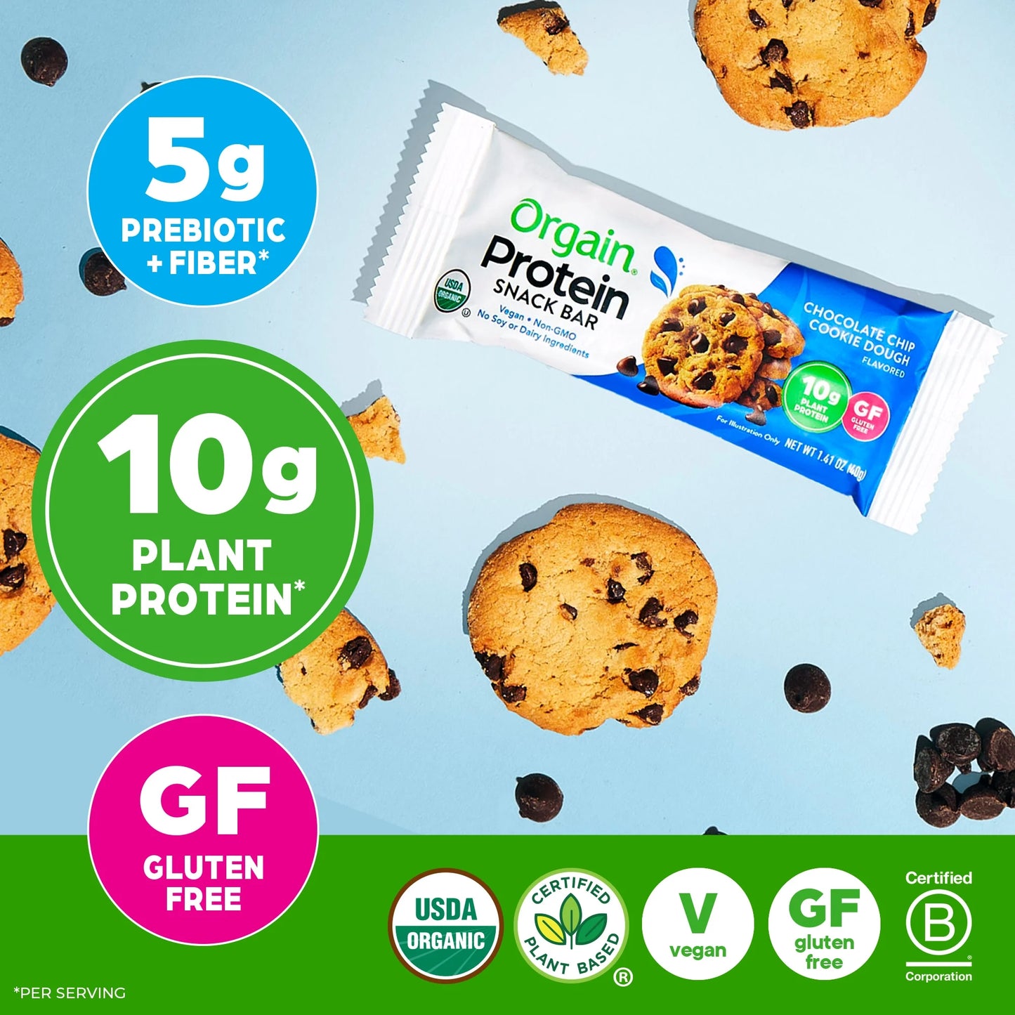 Orgain - Organic Plant Based Protein Snack Bars, Chocolate Chip Cookie Dough, 16.9Oz, 12Ct