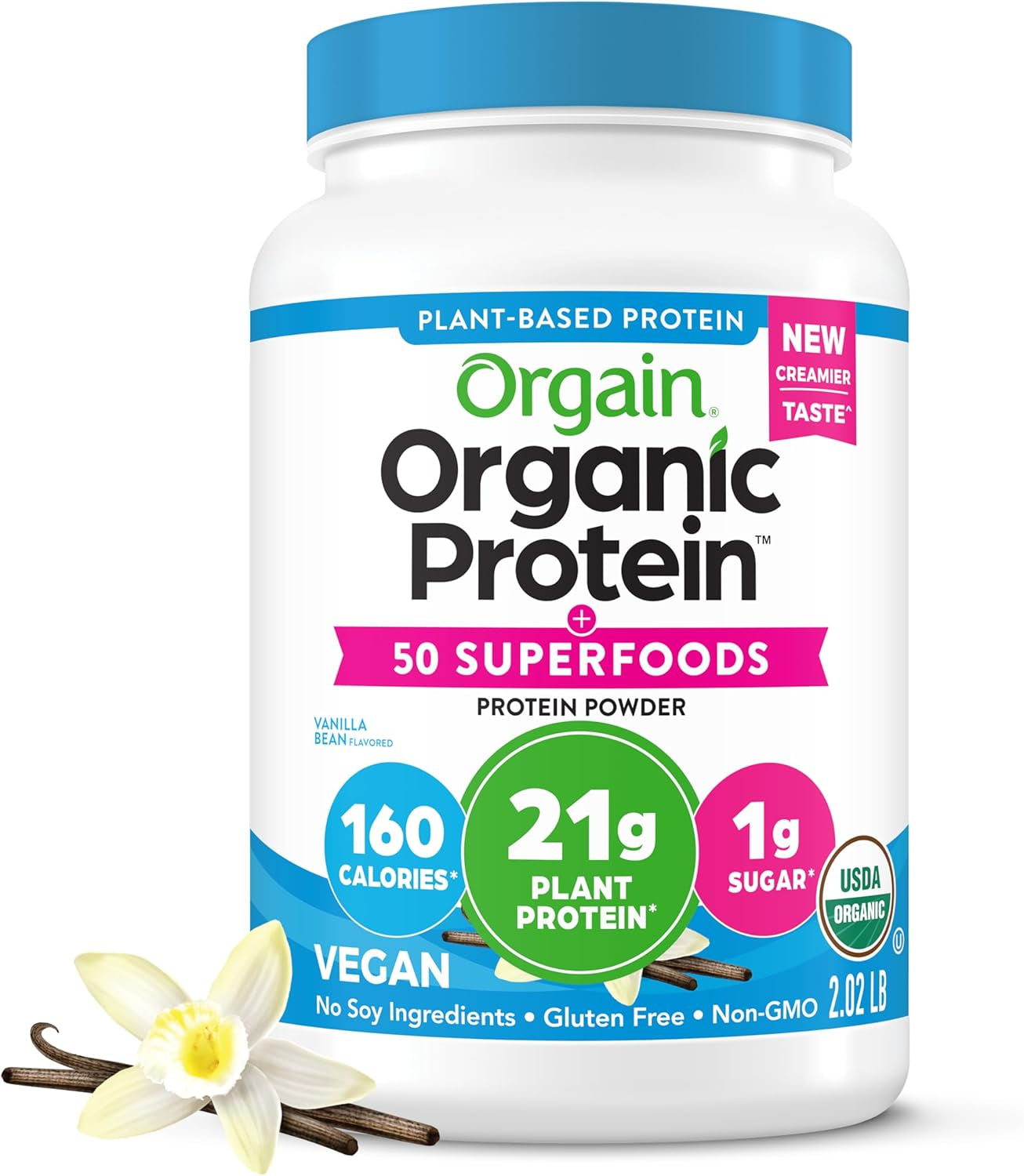 Orgain Organic Vegan Protein Powder + 50 Superfoods, Creamy Chocolate Fudge - 21G Plant Based Protein, Gluten Free, Dairy Free, Lactose Free, Soy Free, No Sugar Added, Kosher, B Vitamins - 2.02Lb