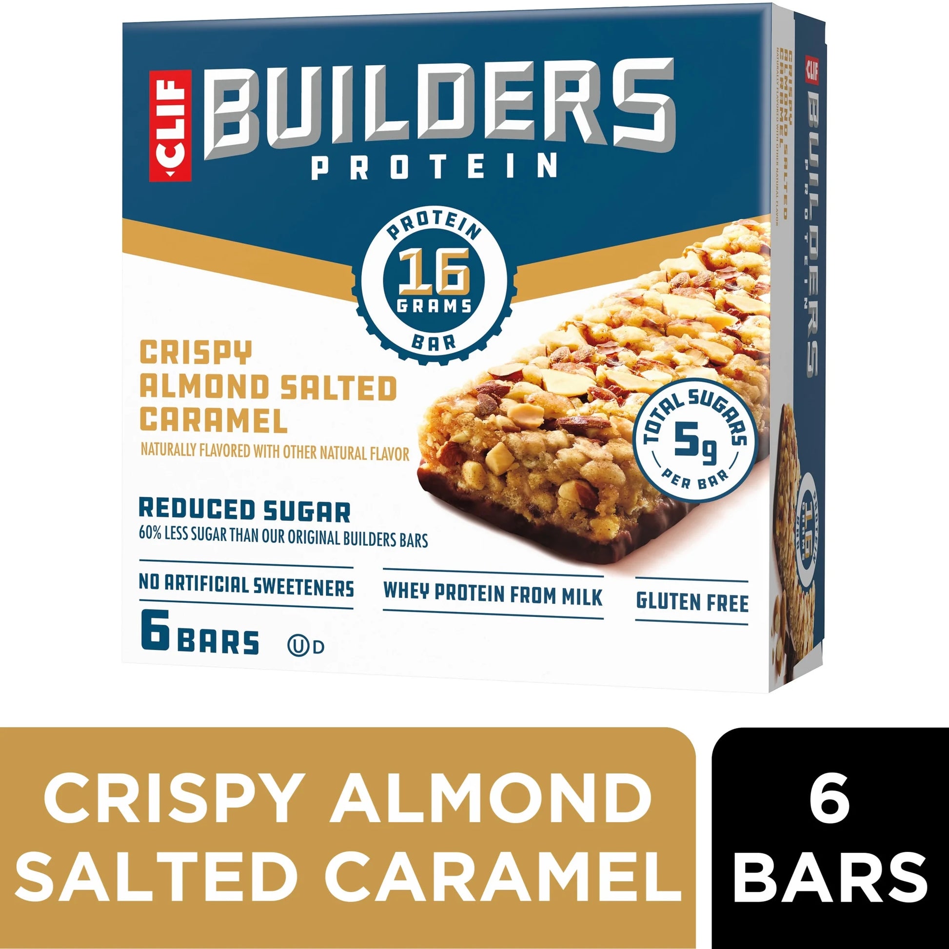 CLIF  Protein Bars Crispy Almond Salted Caramel, Reduced Sugar, Gluten Free, 6Ct
