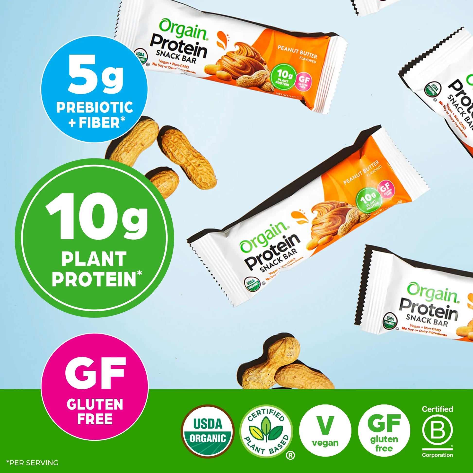 Orgain - Organic Plant Based Protein Snack Bars, Peanut Butter, 16.9Oz, 12Ct