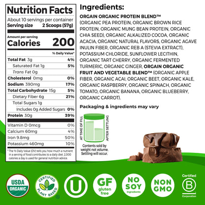 Organic Vegan 30G High Protein Powder, Plant Based Shake Drink, Prebiotic Fiber, Chocolate, 1.26Lb