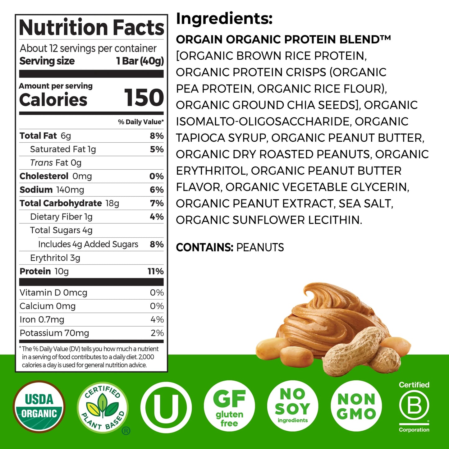 Orgain - Organic Plant Based Protein Snack Bars, Peanut Butter, 16.9Oz, 12Ct