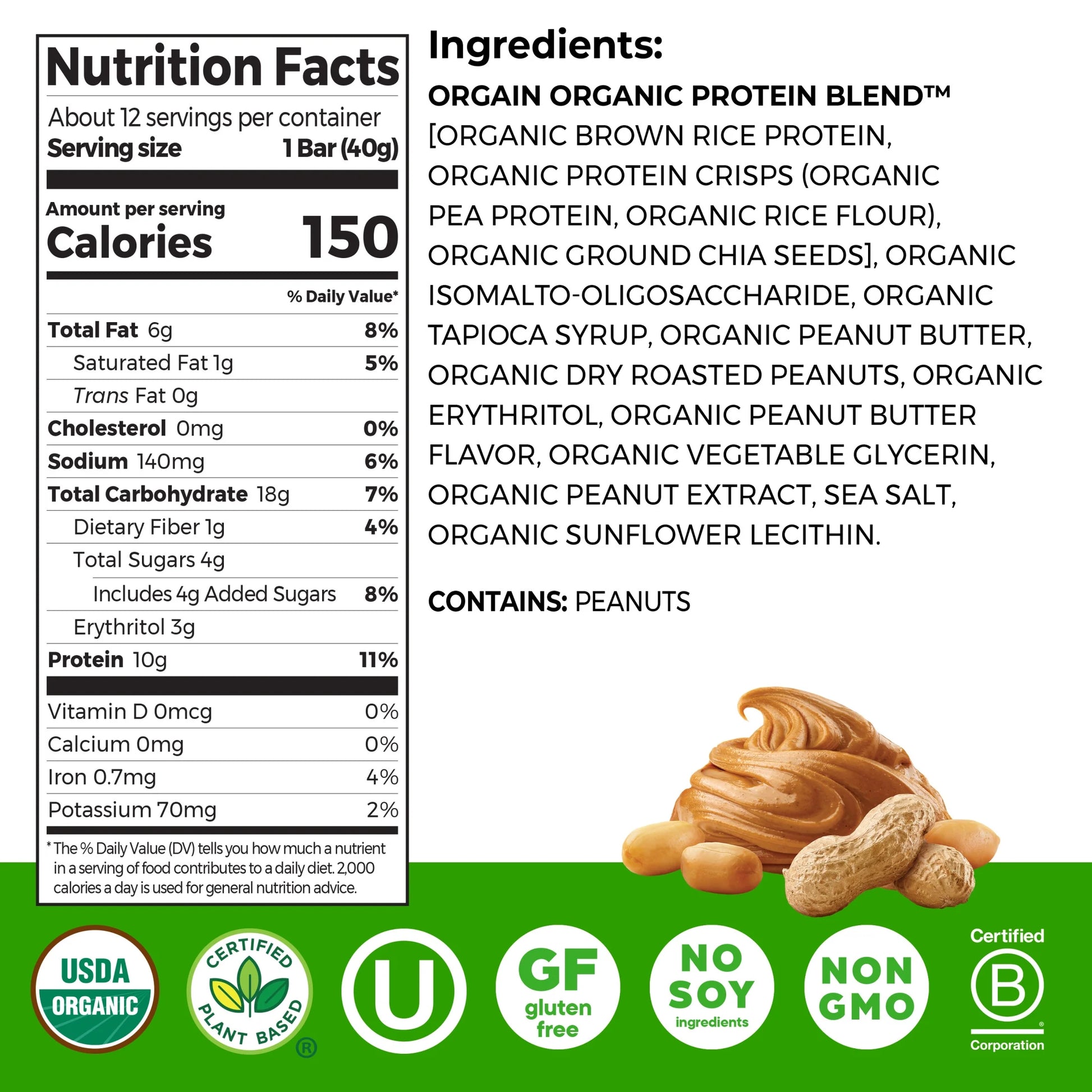 Orgain - Organic Plant Based Protein Snack Bars, Peanut Butter, 16.9Oz, 12Ct